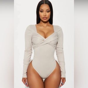 Fashion Nova Don’t Wait Up Bodysuit Oatmeal